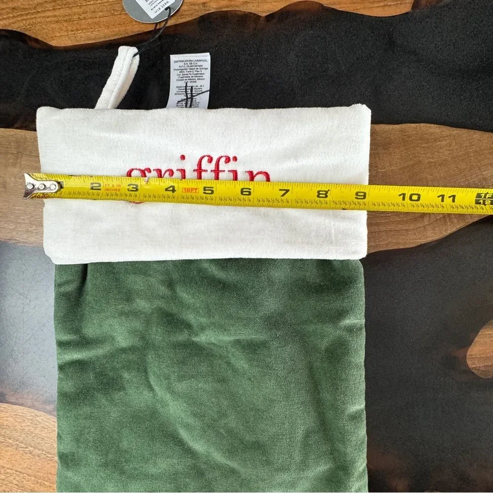 West Elm Green Velvet Large Holiday Christmas Stocking Monogrammed Griffin NEW